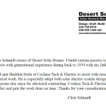 Desert Solar Homes letter of referal for Cochise Tech and Electric